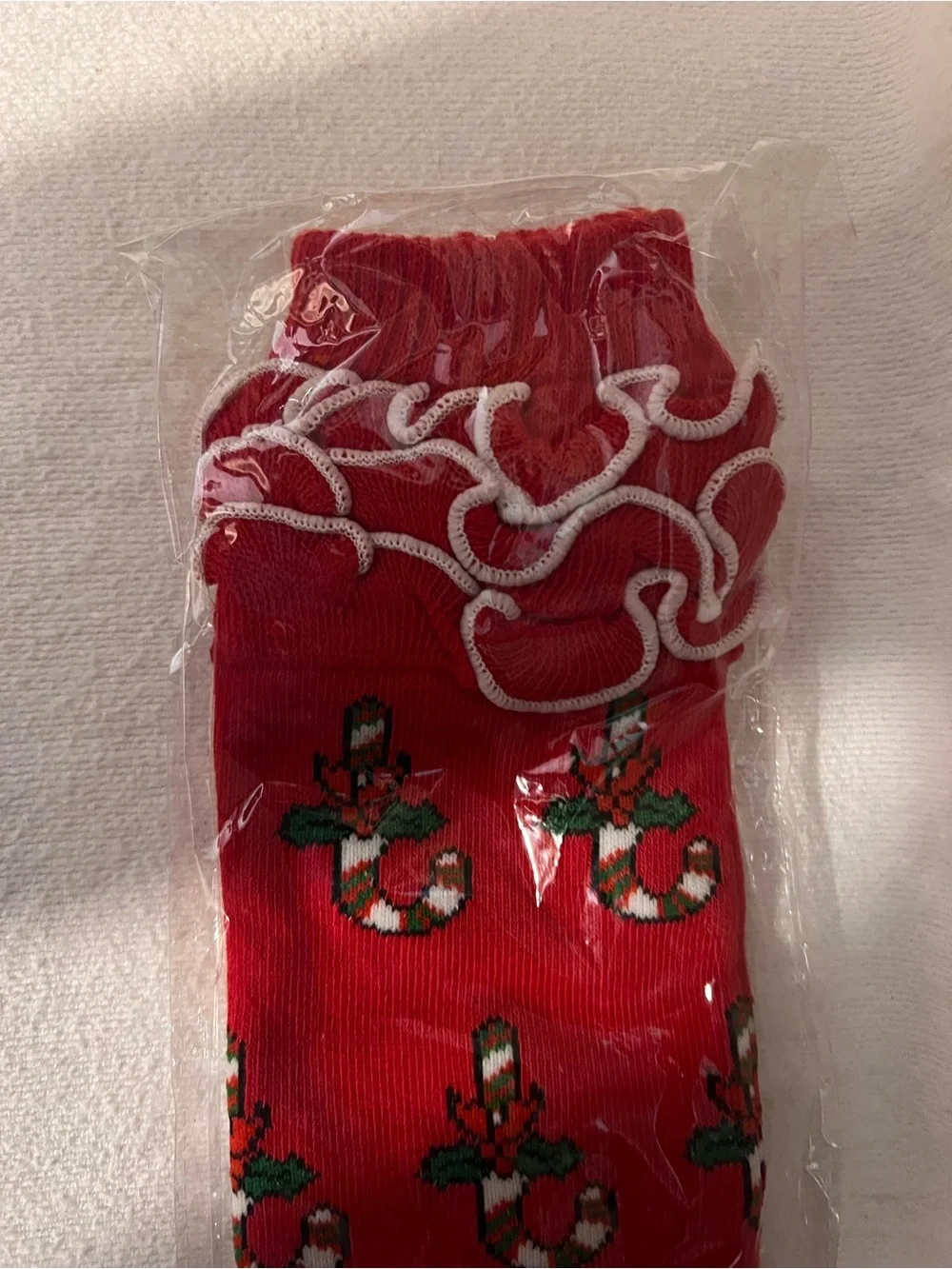 Kids Red Ruffle Top Socks with Candy Cane Motif